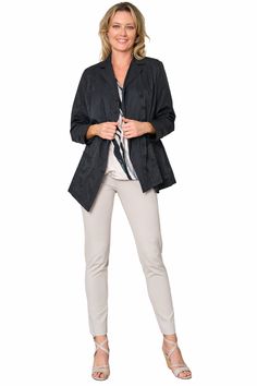 Elevate your style with The Edge Blazer. Striking curved button front, distinctive welted pockets, and chic step hem design make this modern masterpiece a head-turner. With flattering placed seams, this blazer is a must-have for a statement-making look all year round. Add it to your wardrobe and make a lasting impression! New Style! This is a limited production item produced in small quantities. If your selected size/color is currently sold out and pre-order is available, you can pre-order yours Tencel Denim, Designer Outlet, Black Blazers, Sweater Coats, Cotton Poplin, Yarn Dyeing, White Shirt, Coats Jackets, Organic Cotton