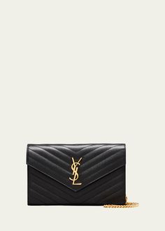 Saint Laurent YSL Monogram Large Wallet on Chain in Grained Leather Ysl Logo, Wallet On Chain, Large Wallet, Coin Pouch, Black Hardware, Metal Hardware, Bergdorf Goodman, Top Designers, Chain Link