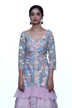 Multi-colored dress with all-over floral embroidery and tiered detailing.
Component: 1
Embroidered
Neckline: V-Neck
Sleeve Length: Three Quarter
Color: Multi Color
High-low hem - Aza Fashions V-neck Dress With Intricate Multicolor Embroidery, V-neck Dress With Multicolor Floral Embroidery, Multicolor Embroidered Dress With Floral Details For Party, Multicolor Embroidered Floral Dress For Party, V-neck Embroidered Floral Dress For Party, Fitted V-neck Embroidered Dress For Festive Occasions, Festive Fitted Embroidered Dress With V-neck, Festive Fitted V-neck Embroidered Dress, Festive Embroidered Fitted V-neck Dress