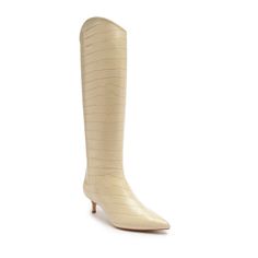 The Maryana Lo Boot in Almond Buff features a single knee-high design with a crocodile-embossed leather texture and a subtle kitten heel, shown at a slight angle from the front. Brand Stylist, Leather Boot, Mid Heel, Stiletto Heel, Shoes Heels Boots, Cow Leather, Embossed Leather, Shoes Women Heels, Leather Boots