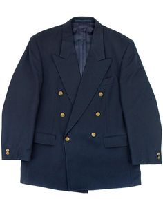 This classic navy blue, double-breasted blazer is a staple of every vintage wardrobe.  Distinctive anchor and crown motif to copper & brass-tone metal buttons on the body and sleeves. Two front flap waist pockets, one chest pocket and two internal pockets, make this a practical and stylish jacket. Made by Greenwoods est. 1806.  55% polyester, 45% wool,  lining 100% viscose. Measurements: Chest: 40 inch / 101.5 cm Jacket Length: 32 inch / 81 cm Shoulder: 19.5 inch / 50 cm Sleeve: 23 inch / 58 cm Tailored Long Sleeve Suits With Gold Buttons, Navy Double-breasted Blazer With Buttons, Double-breasted Sport Coat With Double Button Closure, Classic Suits With Gold Buttons For Formal Occasions, Business Pea Coat With Suit Collar Buttons, Formal Double-breasted Peacoat With Pockets, Business Pea Coat With Suit Collar, Fitted Double-breasted Peacoat With Button Fastening, Navy Double Breasted Suit For Office