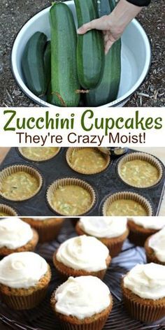 zucchini cupcakes with white frosting in the middle and on top