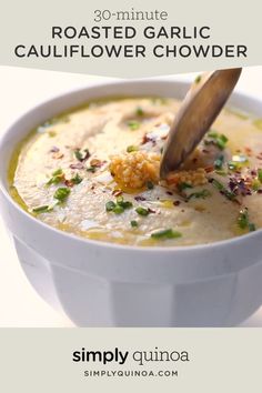 a bowl of roasted garlic cauliflower chowder