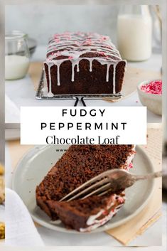 a slice of fudge peppermint chocolate loaf on a plate with a fork