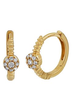 Add a special sparkle to your style with this pair of dainty diamond huggie hoop earrings handcrafted from 18-karat yellow gold. Exclusive retailer Total diamond weight: 0.22ctw Clarity: VS Color: G Imported Diamond Guide 14k Gold Diamond Huggie Earrings With Pave Setting, Diamond Accented Huggie Earrings, Huggie Earrings With Diamond Accents, Fine Jewelry Huggie Earrings With Pave Setting, Yellow Gold Huggie Diamond Earrings With Pave Setting, Diamond Pave Setting Huggie Earrings In Yellow Gold, Fine Jewelry Diamond Huggie Earrings With Pave Setting, 14k Gold Huggie Earrings With Pave Setting, Small Hoop Yellow Gold Diamond Earrings