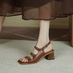 Dodobye Bailee Open Toe Block Heels Heeled Sandals Brown Square Toe Heels For Summer, Summer Brown Block Heels With Square Toe, Brown Sandals With Heel Strap And Square Toe, Brown Square Toe Sandals With Heel Strap, 2 Piece Skirt Set, Long Midi Dress, Slides Sandals, New Tops, White Mini Dress