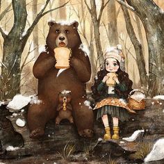 there is a painting of two bears in the woods with one girl holding a cup