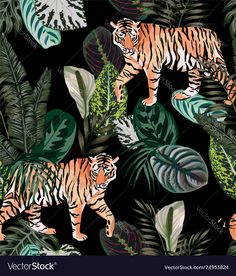 tiger in the jungle surrounded by tropical plants and leaves on a black background seamless pattern