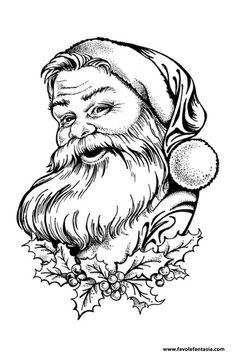 a black and white drawing of santa claus with holly leaves around his neck, looking to the side