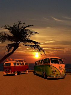 two vw buses parked next to each other in front of the ocean at sunset