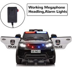 a police car with its lights on and the words working megaphone healing alarm lights