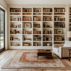 a living room filled with lots of white bookshelves next to a large window