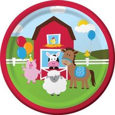 a plate with farm animals on it and balloons in the air around them, as well as an image of a barn