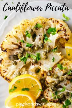 cauliflower and lemon on a white plate with the title above it