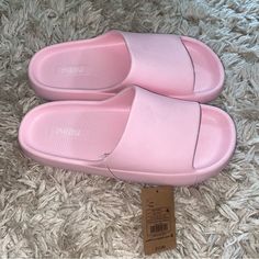 New With Tag Very Cute Similar To Yeezy Slides Pink Yeezy, Summer Pink Slip-on Slides, Pink Synthetic Slides, Pink Non-slip Slides, Pink Non-slip Slides For The Beach, Pink Non-slip Sporty Slides, Cognac Sandals, Black Platform Sneakers, Tan Sneakers