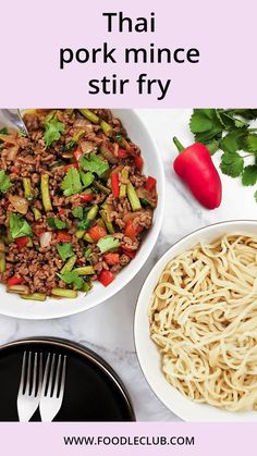 two bowls of food with noodles and vegetables in them, the title says thai pork mince stir fry