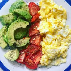 a plate with eggs, avocado and strawberries on it