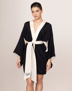 Shop Kiki Kimono in Black. Made in sumptuous heavyweight crepe silk, in our signature colours. Shop Now. Bridesmaid Dress Short, Nightgown Long, Bridal Nightwear, Pink Contrast, Matching Robes, Lingerie Shoot, Oversize Sleeves, Black Kimono, Short Women