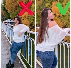 a woman is standing on a bridge with her hands in her pockets and looking up at the sky