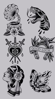 several different kinds of tattoos on a white background