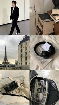 the collage shows many different things including books and headphones