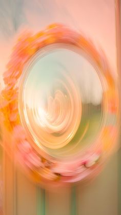 a blurry photo of a circular object with flowers in the foreground and an abstract background