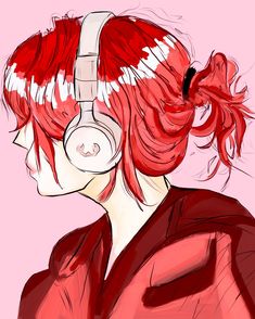 a drawing of a girl with red hair and headphones in her ears, looking to the side