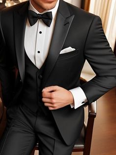 Black Men's Prom Suits Wedding Party Evening Tuxedos 3 Piece Solid Colored Peak Plus Size Tailored Fit Single Breasted One-button 2024 2024 - $104.47 Md Suits, Black Tuxedo Wedding, Prom For Guys, Groom Tux, Prom Suits For Men, Wedding Tux, Costume Noir