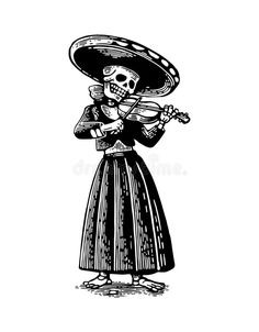 a skeleton in a mexican dress and sombrero playing the violin royalty illustration stock images