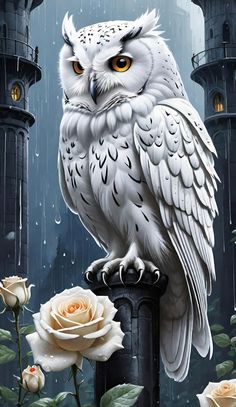 an owl sitting on top of a post in the rain next to roses and a lighthouse