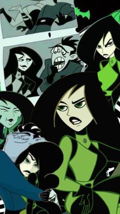 an animated image of many people in green and black outfits, with one woman holding a cell phone