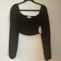 Nwt, Never Worn, Linen Material Black Cropped Top For Brunch, Casual Cropped Blouse For Date Night, Cropped Long Sleeve, Tie Front Blouse, Linen Material, Altard State, Altar'd State, Blouses, Womens Tops