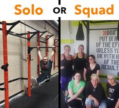 some people are posing for pictures in front of a squat or squat wall and on the other side of an exercise station