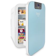 an open refrigerator with its door opened and food inside the freezer is white and blue