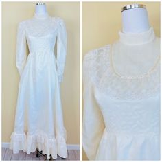 "This dress is gorgeous. Would make a perfect wedding gown. Cream nylon fabric with no stretch. High neck and ruffled trim bib. Puffed sleeves are long and button at the wrist. Flared skirt is maxi length with gorgeous lace ruffled hem. Back zipper closure.  Condition: Great! No Flaws To Note! Measurements: Bust: 34\" Waist: 26\" Hips: 40\" Length: 54\" ---------- I do not accept returns currently. Please read the description in detail and ask any and all questions before you purchase. However, if you have a problem DO message me, as I am flexible on a case by case basis! Bin 12" Maxi Dress 70s, 70s Prairie, Dress 70s, Victorian Revival, 70s Dress, Lace Maxi, Lace Ruffle, Cream Lace, Nylon Fabric