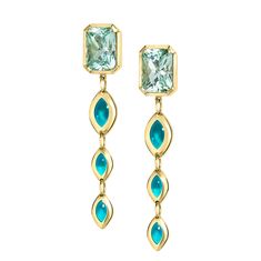 Gem Drop Earrings 6.3CT Precision Cut Mint Tourmaline Green Cat's Eye Links Plique-á-jour Enamel 18k Italian Yellow Gold Blue Enamel Earrings, Fine Jewelry Earrings, Gem Drop Earrings, 18k Gold Chain, Jewelry Show, Nature Inspired Jewelry, Enamel Earrings, Enamel Jewelry, Lovely Jewellery