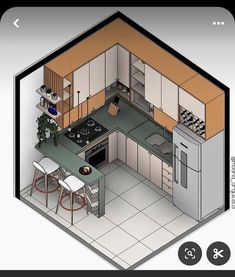 an overhead view of a kitchen and dining area