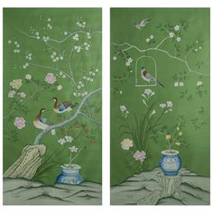 two paintings with birds on them and flowers in vases