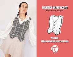 a woman wearing a vest and skirt with the text, glieet waistcoat sewing pattern