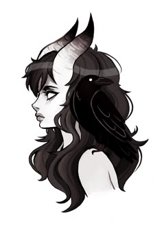 a drawing of a woman with horns on her head and long black hair, looking to the