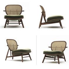 four different views of the same chair, one in green and one in brown with an upholstered seat