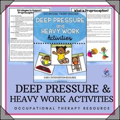 Discover the Benefits of Deep Pressure and Heavy Work Activities with our Comprehensive Occupational Therapy Resource Package.Engage your students and support individuals with sensory processing difficulties through a variety of effective strategies and recommendations. Our resource delves into the world of heavy work activities, also known as proprioceptive input, which play a crucial role in enhancing attention and regulating arousal levels.The underlying principle of these activities is to provide individuals with sensory needs the necessary input to their muscles and joints, allowing them to find the balance and calmness they seek. Every child can benefit from these activities, but those with under-active neurological systems require them even more. With our package, you can empower ch Heavy Work Activities, Proprioceptive Input, Deep Pressure, Neurological System, Behavior Rewards, Behaviour Strategies, Reflective Practice, Story Activities, Heavy Work