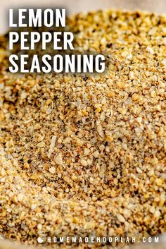 lemon pepper seasoning in a bowl with text overlay that reads, lemon pepper seasoning