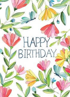 a birthday card with watercolor flowers and leaves