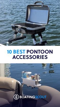 there is a laptop sitting on the back of a boat in the water with text overlay that reads, 10 best pontoon accessories