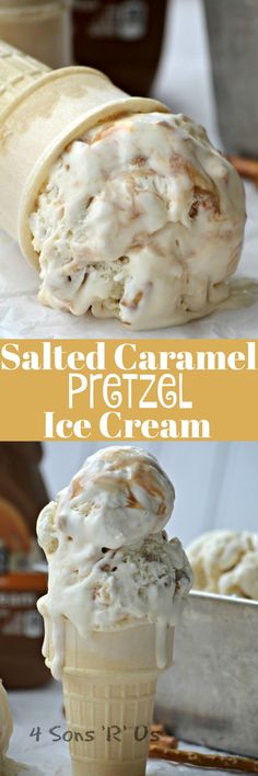 an ice cream cone with some kind of food in it and the words salted caramel pretzel ice cream