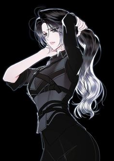 an anime character with long hair and black clothes holding her hand up to her head