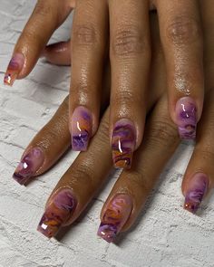 Orange And Purple Marble Nails, Natural Manicure Ideas Classy, Square Builder Gel Nails, Marble Gel Nail Designs, Square Gel Nail Designs, Gel X Nail Designs Square, Short Maximalist Nails, Fall Marble Nails, Simple Fall Nails Autumn