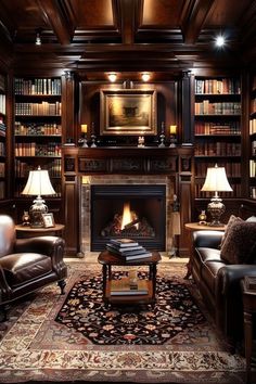 a living room filled with furniture and a fire place in the middle of bookshelves