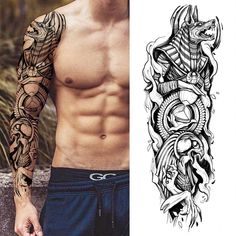 a man with tattoos on his arms and chest next to an image of a dragon